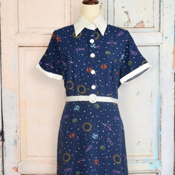 MODCLOTH X BRIGHT & BEAUTIFUL Blue Solar System Salute Midi Dress NWT - Picture 2 of 8